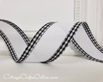 Wired Ribbon, 1.5", White, Black and White Mini Check Border ~ TEN YARD ROLL ~ Samuel White Gingham Edge ~  Wire Edged Ribbon