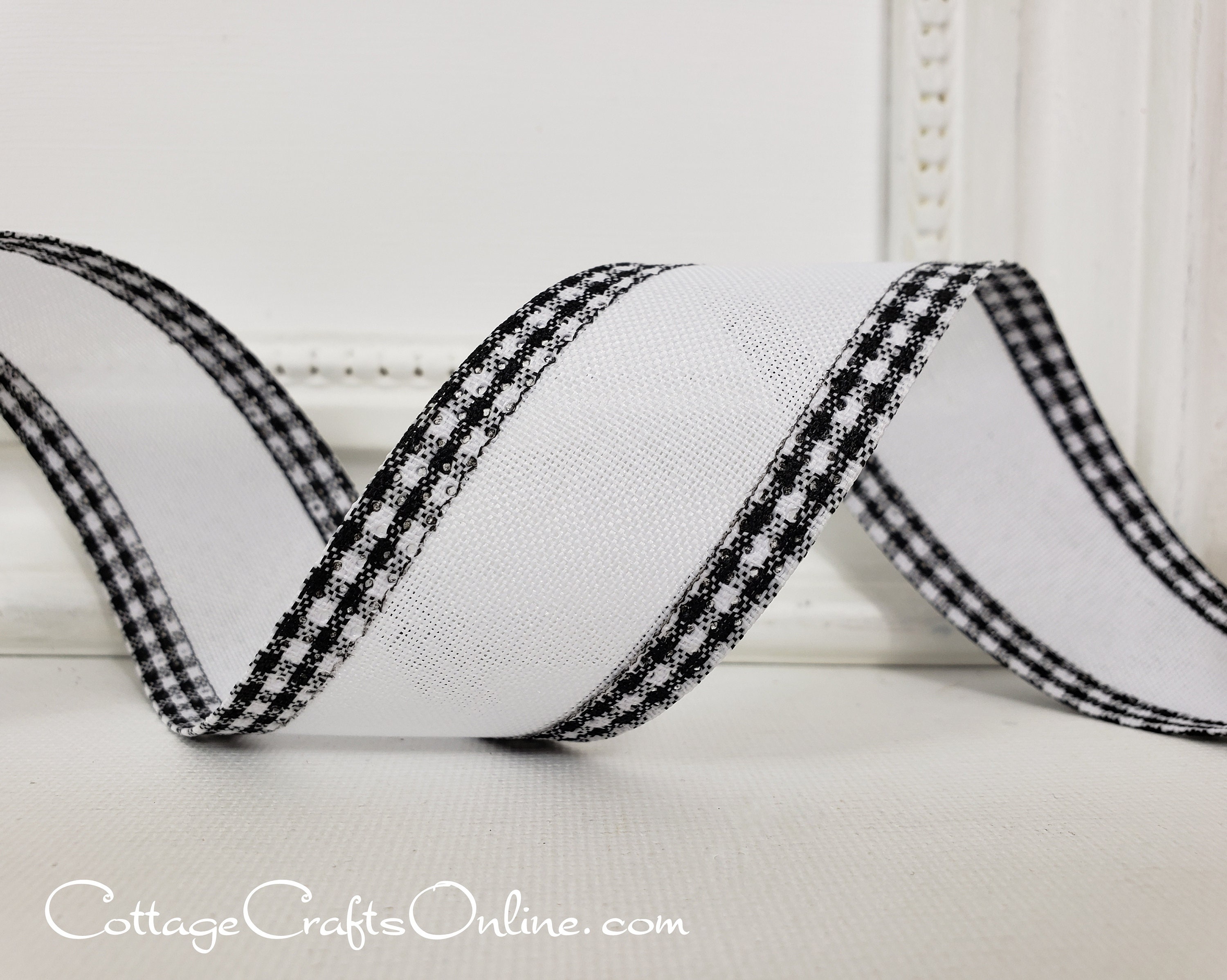 Wired Ribbon, 1 1/2, White, Black and White Mini Check Border ~ TEN YARD  ROLL ~ Samuel White Gingham Edge ~ Wire Edged Ribbon