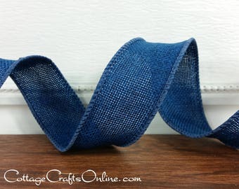 THREE YARDS, Wired Ribbon, 1.5", Blue Faux Burlap Linen Look  -  Offray  ~ Solitude ~ Denim Blue Fall, Spring Wire Edged Ribbon