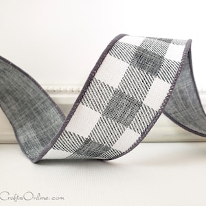 Wired Ribbon 1.5&quot;,  Grey White Diagonal Striped Check - TEN YARD ROLL ~ Stan Gray ~  Buffalo Plaid, Summer, Christmas Wire Edged Ribbon