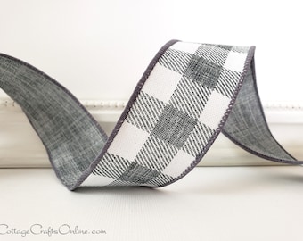 Wired Ribbon 1.5",  Grey White Diagonal Striped Check - TEN YARD ROLL ~ Stan Gray ~  Buffalo Plaid, Summer, Christmas Wire Edged Ribbon