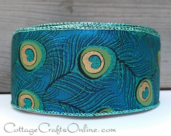 TWENTY FIVE YARD Roll, Wired Ribbon, 2.5" Peacock Feather Blue Green Glitter, Gold  ~ Sparkle ~ Christmas Wire Edged Ribbon