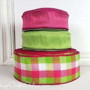 THREE YARDS, Wired Ribbon, 2.5 wide, Pink, Green, White Check Twill Plaid Watermelon Breeze Celine Spring, Summer Wire Edged Ribbon image 3