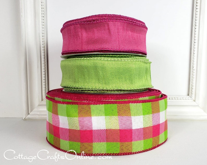 THREE YARDS, Wired Ribbon, 2.5 wide, Pink, Green, White Check Twill Plaid Watermelon Breeze Celine Spring, Summer Wire Edged Ribbon image 3