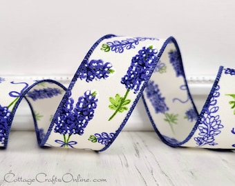 Bluebonnets Wired Ribbon, 1.5", TEN YARD ROLL, Flowers, Floral Print ~ Blue Bonnet 9 ~ Spring, Easter Summer Wire Edge Ribbon