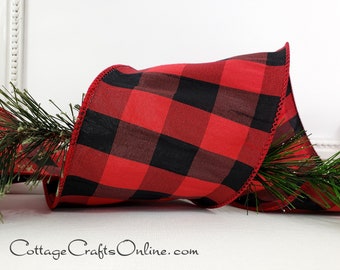 d. Stevens Christmas Wired Ribbon, 4", Red, Black Faux Silk Dupioni Check - TEN YARD Roll ~ Savoy Red 100 ~ Buffalo Plaid Ribbon