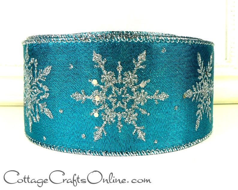 Wired Wire Edge Christmas Ribbon Blue Silver glitter starburst 2.5/" wide x 3m