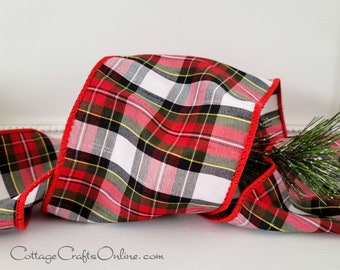 Christmas Wired Ribbon, 4", Red Black White Green Faux Dupioni Tartan Stripe Plaid - TEN YARD ROLL - Offray ~ Maltese 100 ~ Wire Edged