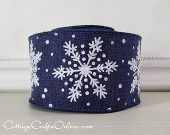 Christmas Wired Ribbon 2 1/2", Navy Blue Linen, Bold Glitter Snowflake - TEN YARD ROLL  ~ Starry Night ~ Holiday Craft Wire Edged Ribbon