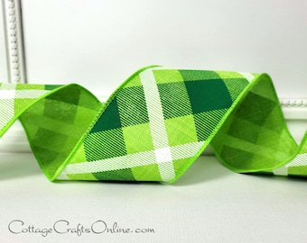 Wired Ribbon, 2.5", Green Print Diagonal Plaid on Faux Linen ~ TEN YARD ROLL ~  Emerald Isle Kilt ~  Spring, St Patrick's Day Wire Edged