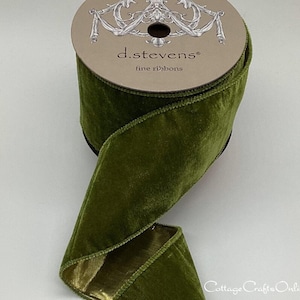 Ruban à bordure métallique Stevens, 10 cm de large, velours vert mousse, dos lamé doré - Rouleau de 9 mètres - Bernice ~ Automne, Noël
