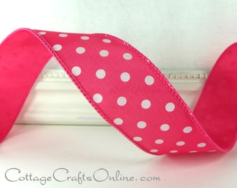 THREE YARDS, Wired Ribbon, 1.5", Pink with White Polka Dots - Offray, Summer, Spring, Easter, Hot Fuchsia Pink Wire Edged Ribbon