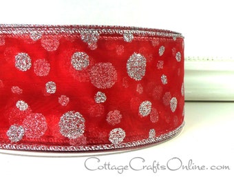 Wired Christmas Ribbon, 2 1/2", Red Sheer Silver Glitter Polka Dots - FIFTY YARD Roll - Wreath,  Decor, Craft Wired Edge Ribbon