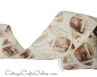 May include: A white ribbon with a brown and white football pattern. The ribbon is curled and shows the pattern on both sides.