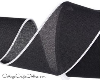 Wired Ribbon, 2.5" wide,  Black Linen Look, White Edge ~ TEN YARD ROLL ~ Bandbox Black40  ~  Divinely Royal Canvas Style Wire Edged Ribbon