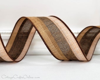 Wired Ribbon, 1.5", Tan, Chocolate Brown, Light Tan Faux Linen - TEN YARD ROLL  ~ Divinely Royal Tri-Stripe 9 ~ Fall, Autumn Wire Edged