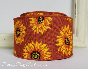 Wired Ribbon, TEN YARD ROLL, 2.5" wide, Yellow Gold Sunflower Print, Rusty Orange ~ Blooming 40 ~ Linen Look Fall Wire Edged Ribbon