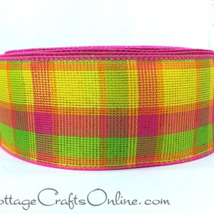 Wired Ribbon, 2.5, Yellow, Pink, Orange, Lime Green Check Plaid THREE YARDS Offray Fruit Salad, Spring, Summer, Wire Edged Ribbon image 3