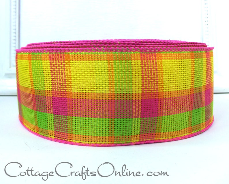 Wired Ribbon, 2.5, Yellow, Pink, Orange, Lime Green Check Plaid THREE YARDS Offray Fruit Salad, Spring, Summer, Wire Edged Ribbon image 3