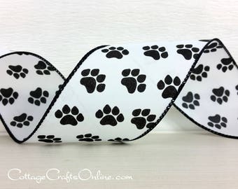 Wired Ribbon 2 1/2" Black Paw Print on White Satin - TEN YARD ROLL -  "Paw 40" Spring, Summer, Animal, Dog, Cat Craft Wire Edged Ribbon