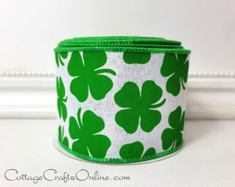 St Patrick's Wired Ribbon, 2 1/2",  Shamrocks Green on White Faux Linen - TEN YARD ROLL ~ Shamrock Field ~  St Patrick's Day Ribbon