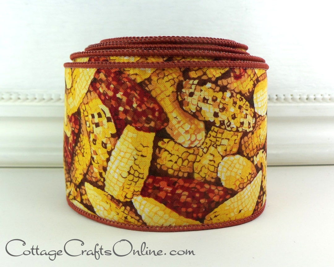 Fall Wired Edge Ribbon, 2.5 Calico Corn Print, Yellow, Gold, Brown TEN ...