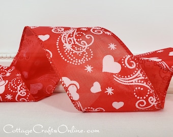 FOUR & 1/2 YARDS, Valentine Wired Ribbon,  2 1/2", White Hearts on Red Satin ~ Offray ~ Juliet ~ #220105 Craft Wire Edge Ribbon