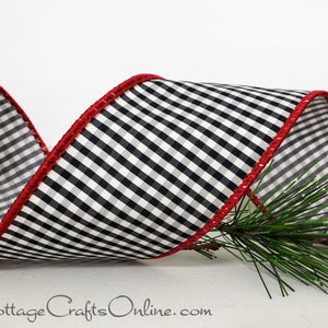 May include: A wired ribbon featuring a black and white gingham check pattern with a solid red stitched edge. The ribbon is arranged in a wavy, flowing shape and is positioned next to a small sprig of green pine needles. The text CottageCraftsOnline.com is visible.