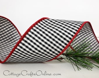 Wired Ribbon, 2.5" Black and White Mini Check Red Edge ~ TEN  YARD ROLL ~ Zinger ~ Craft Christmas Wire Edged Ribbon