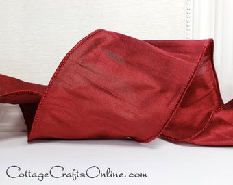 SIX & 2/3 YARDS - Wired Ribbon, 4" Cranberry Red Faux Silk - Burgundy Red ~ Silkie ~ Dupioni Style  #904033 Christmas Ribbon