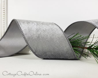 Christmas Wired Ribbon, 2.5"  Silver Grey Velvet, Satin Back - TEN YARD ROLL -  Platinum Velvet Wire Edged Ribbon