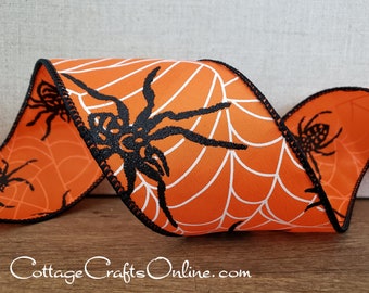 Halloween Wired Ribbon, 2.5", Black Spiders, Glitter, Orange Satin ~ TEN YARD ROLL ~  Stanley Crawler ~ Wire Edged Ribbon