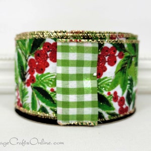 Christmas Wired Ribbon, 2.5, Red Glitter Berries and Greens, Checkered Back, TEN YARD ROLL, d. Stevens Holiday Foliage Wire Edge image 2