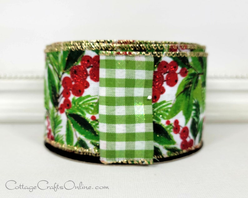 Christmas Wired Ribbon, 2.5, Red Glitter Berries and Greens, Checkered Back, TEN YARD ROLL, d. Stevens Holiday Foliage Wire Edge image 2