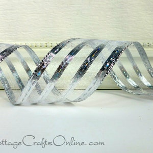 FIVE YARDS, Christmas Wired Ribbon, 1.5&quot; wide, Silver Metallic Stripes ~ Metallica Stripe 9 ~  Craft Wire Edged Ribbon