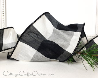 d. Stevens Wired Ribbon, 4", Black and White Faux Silk Buffalo Plaid - TEN YARD ROLL  ~ York Bold Buffalo Dupioni ~ Check Wire Edged Ribbon