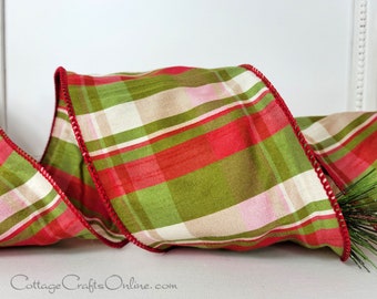 Christmas Wired Ribbon, 4" wide, Red, Olive Green, Ivory Faux Dupioni Tartan Plaid Stripe  - TEN YARD Roll ~ Richmond ~ Wire Edged