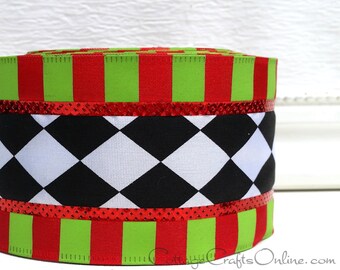 Christmas Wired Ribbon, 2.5", Black and White Harlequin, Red Lime Green Stripe - TEN YARD ROLL ~ Festive Jester ~ Wire Edged Ribbon