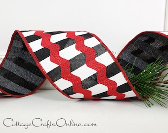 Wired Ribbon, 2.5" wide,  Red Rick Rack on Black and White Stripes ~ TEN YARD ROLL ~ Ric Rac Party 40 ~ Valentine Striped Wire Edge Ribbon