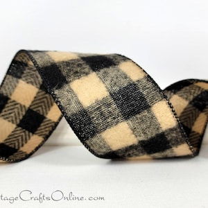 May include: A roll of wired ribbon featuring a black and beige buffalo check pattern with a herringbone texture within the squares. The edges are finished with a black stitched border. The text CottageCraftsOnline.com is visible at the bottom.
