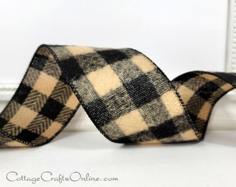 Wired Ribbon, 2.5", Black and Beige Tan Bold Buffalo Check - TEN YARD ROLL ~ Evan ~ Christmas Flannel Plaid Fuzzy Wire Edged Ribbon