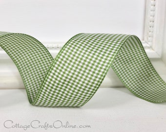 Wired Ribbon, 1.5", Green and White Micro Check Gingham -  FIFTY YARD ROLL ~ Micronic Sage ~ Christmas, St Patricks, Fall Wire Edge Ribbon