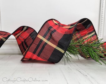 Christmas Wired Ribbon, 2.5" wide, Red Black Gold Faux Dupioni Tartan Plaid - TEN YARD ROLL ~ Randolph Gold ~ Buffalo Check Wire Edged