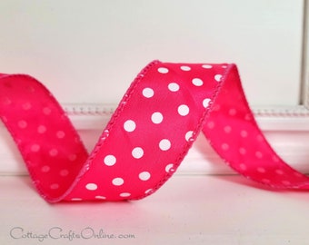 Wired Ribbon, 1.5", Small White Dots on Hot Pink Satin - TEN YARD ROLL -Small Dot 9- Summer, Spring, Mother's Day, Easter, Wired Edge