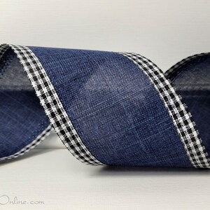 Wired Ribbon, 2.5", Navy Blue, Black White Mini Check Gingham Edge Border ~ TEN YARD ROLL ~ Samuel Denim ~ image 2