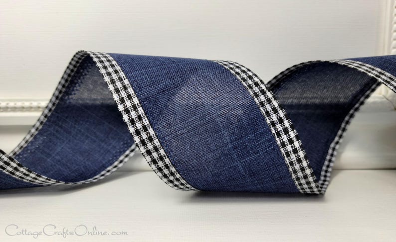 Wired Ribbon, 2.5", Navy Blue, Black White Mini Check Gingham Edge Border ~ TEN YARD ROLL ~ Samuel Denim ~ image 2
