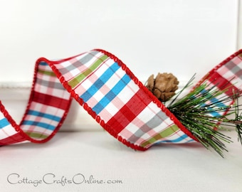 Christmas Wired Ribbon, 1.5",  Blue, Red, Green, Grey, White Faux Dupioni Tartan Stripe - TEN YARD ROLL ~ Flambeau 9 ~ Wire Edged Ribbon