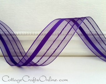 FIVE YARDS Wired Ribbon, 1.5",  Purple Striped Semi-Sheer - Offray ~ Kempton Purple ~ Halloween, Mardi Gras, Wedding Wire Edged Ribbon