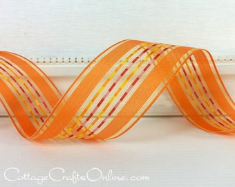 FIVE YARDS, Wired Ribbon, 1.5" wide, Orange Striped Sheer ~ Jasmine ~ Spring, Summer, Halloween, Fall Wire Edged Ribbon