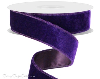 Wired Ribbon, 1.5"  Purple Velvet, Satin Back - TEN YARD ROLL  ~ Lowell Velvet 9 ~ Christmas, Fall, Mardi Gras Wire Edged Ribbon